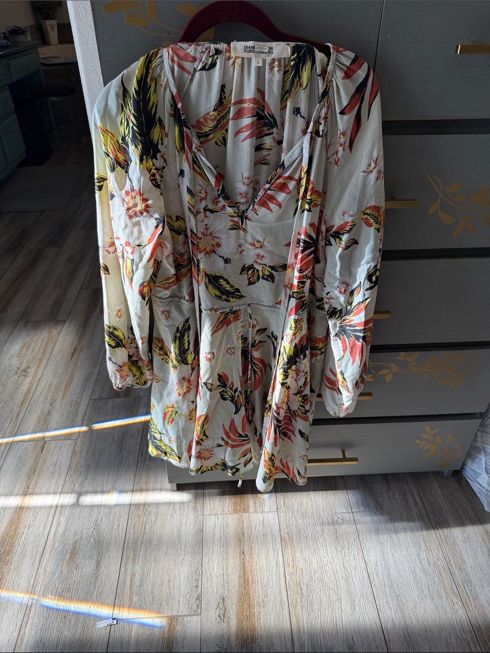 Floral V-Neck Long Sleeve Mini Dress in White with Coral & Yellow Accents